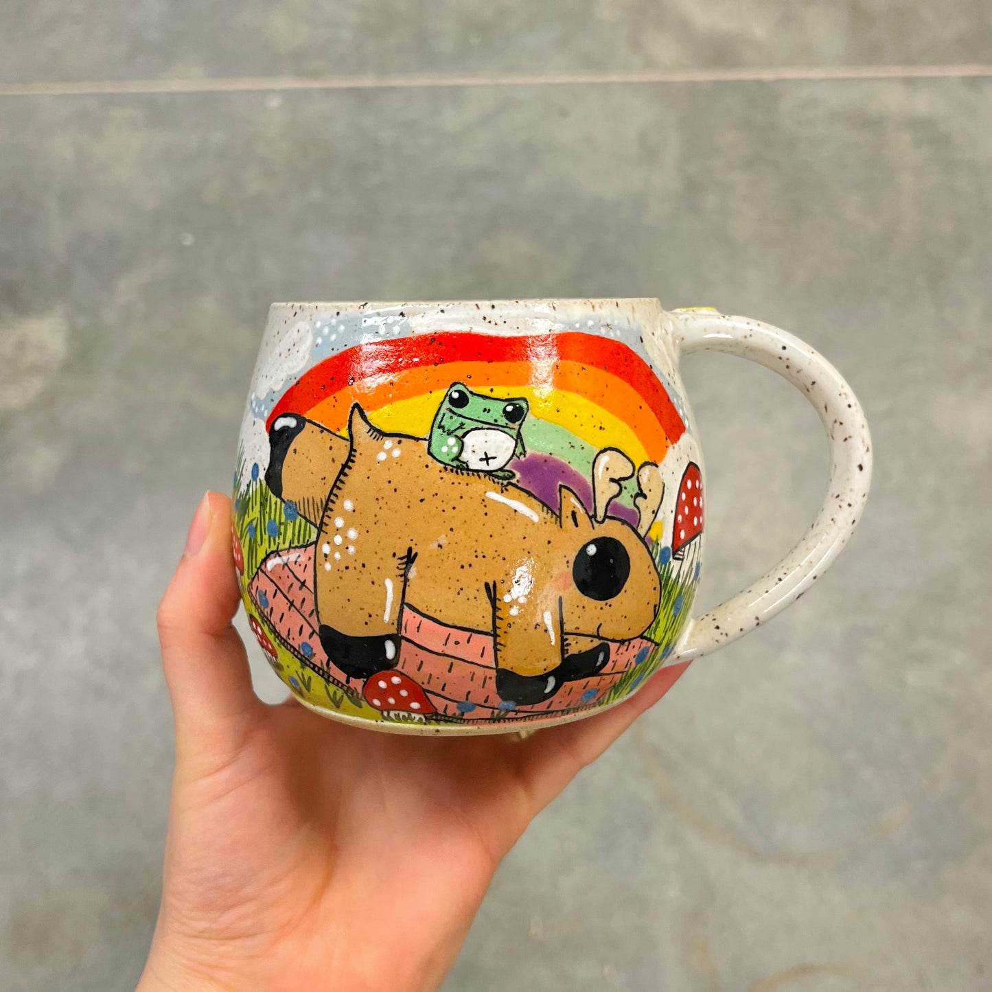 Moose & Frog Doing Yoga Under The Rainbow Mug