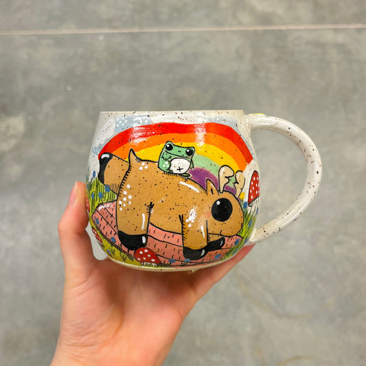 Moose & Frog Doing Yoga Under The Rainbow Mug