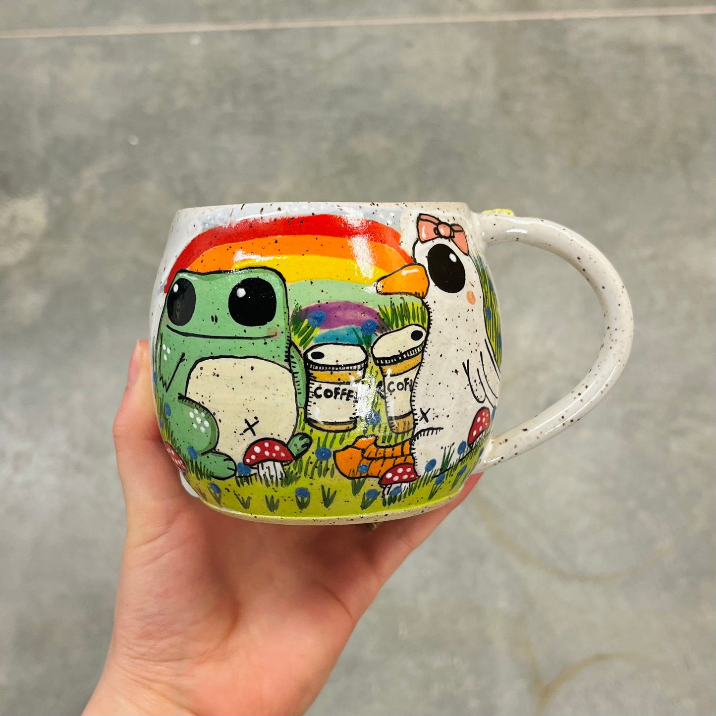 Goose & Froggy Having Coffee Under The Rainbow Mug